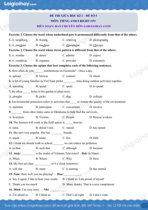 Đề thi giữa kì 1 Tiếng Anh 8 Right on - Đề số 5